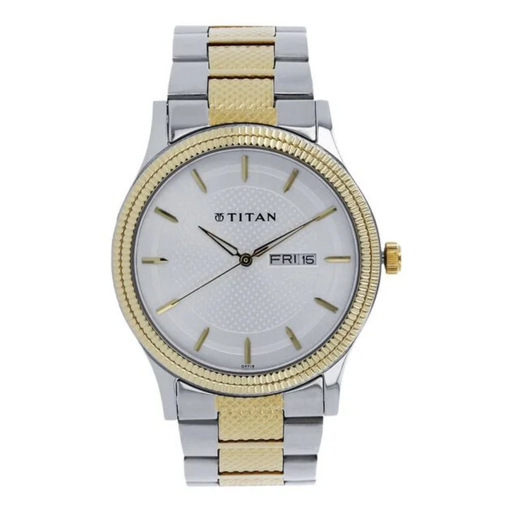 Titan Men’s Quartz Analog Watch featuring a Silver Dial, Day &amp; Date Display, and Two-Tone Stainless Steel Bracelet