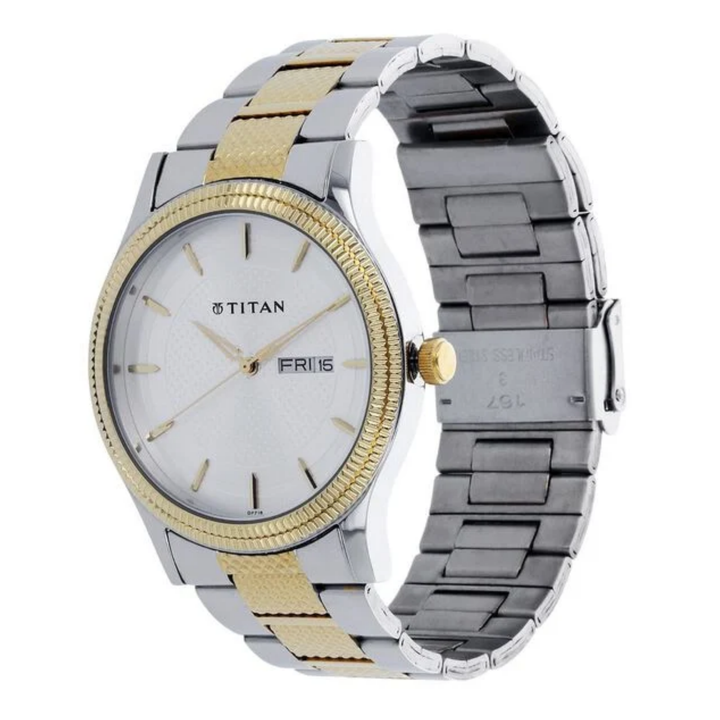 Titan Men’s Quartz Analog Watch featuring a Silver Dial, Day &amp; Date Display, and Two-Tone Stainless Steel Bracelet