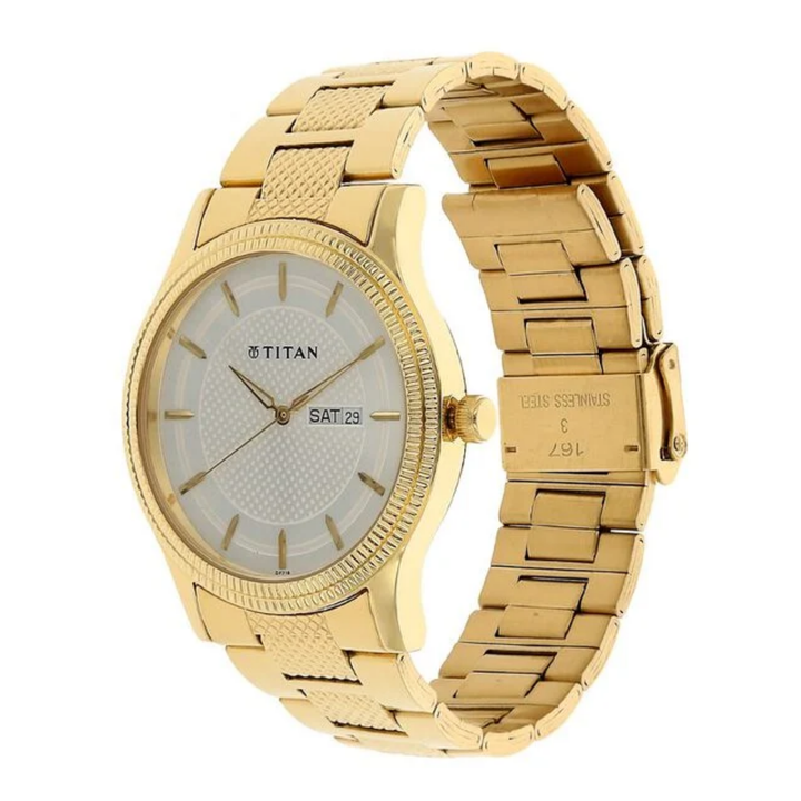 Titan Men’s Quartz Analog Watch with Silver Dial, Day &amp; Date Display, and Gold-Tone Stainless Steel Strap