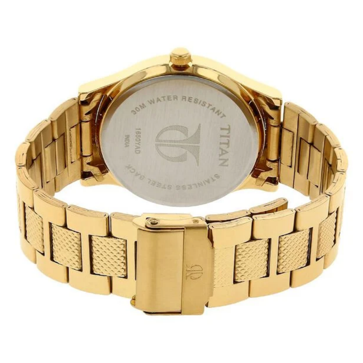 Titan Men’s Quartz Analog Watch with Silver Dial, Day &amp; Date Display, and Gold-Tone Stainless Steel Strap