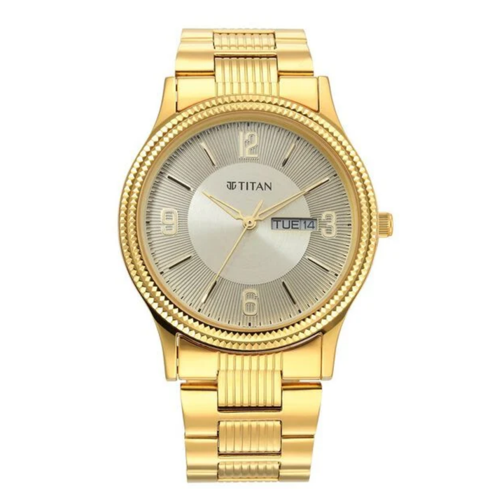 Titan Men’s Quartz Analog Watch with Champagne Dial and Stainless Steel Strap