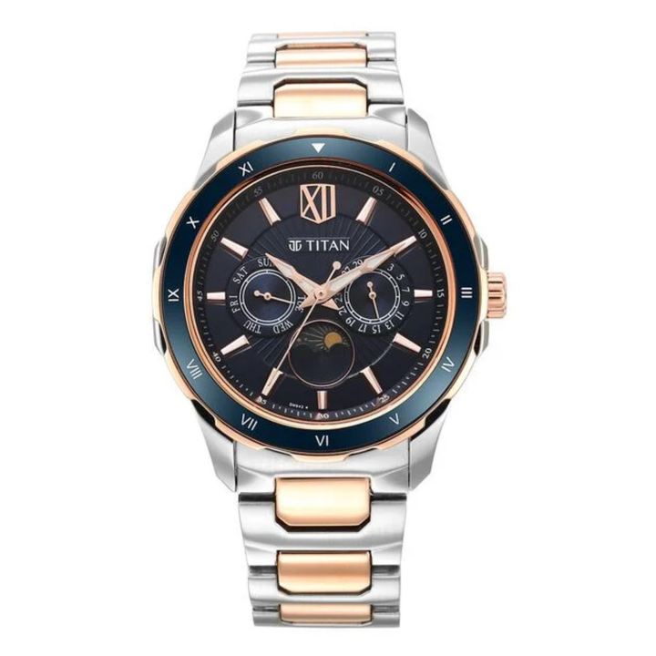 Titan Regalia Men’s Premium Quartz Multifunction Watch with Blue Dial and Stainless Steel Strap