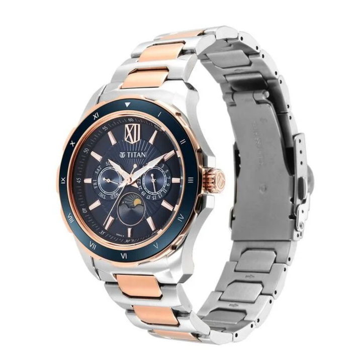 Titan Regalia Men’s Premium Quartz Multifunction Watch with Blue Dial and Stainless Steel Strap