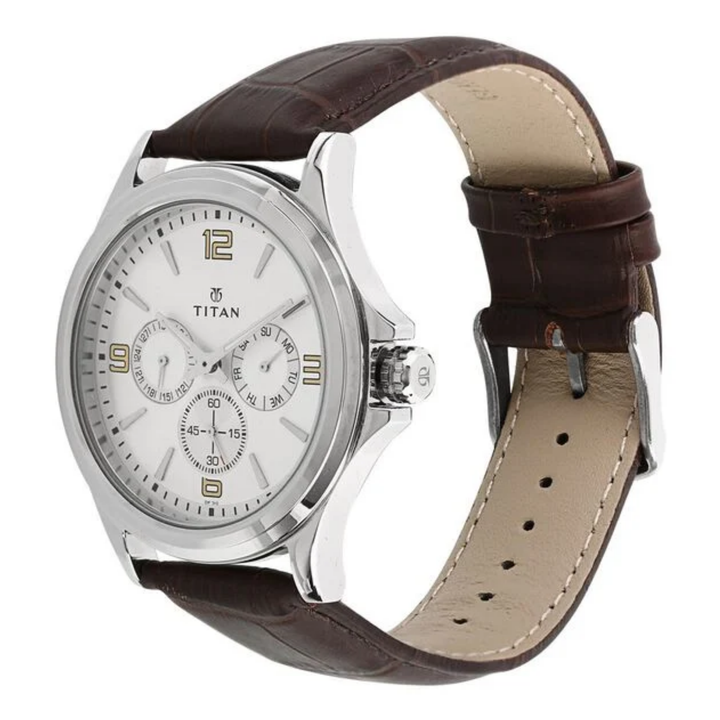 Titan Men’s Quartz Multifunction Watch with Silver Dial and Leather Strap