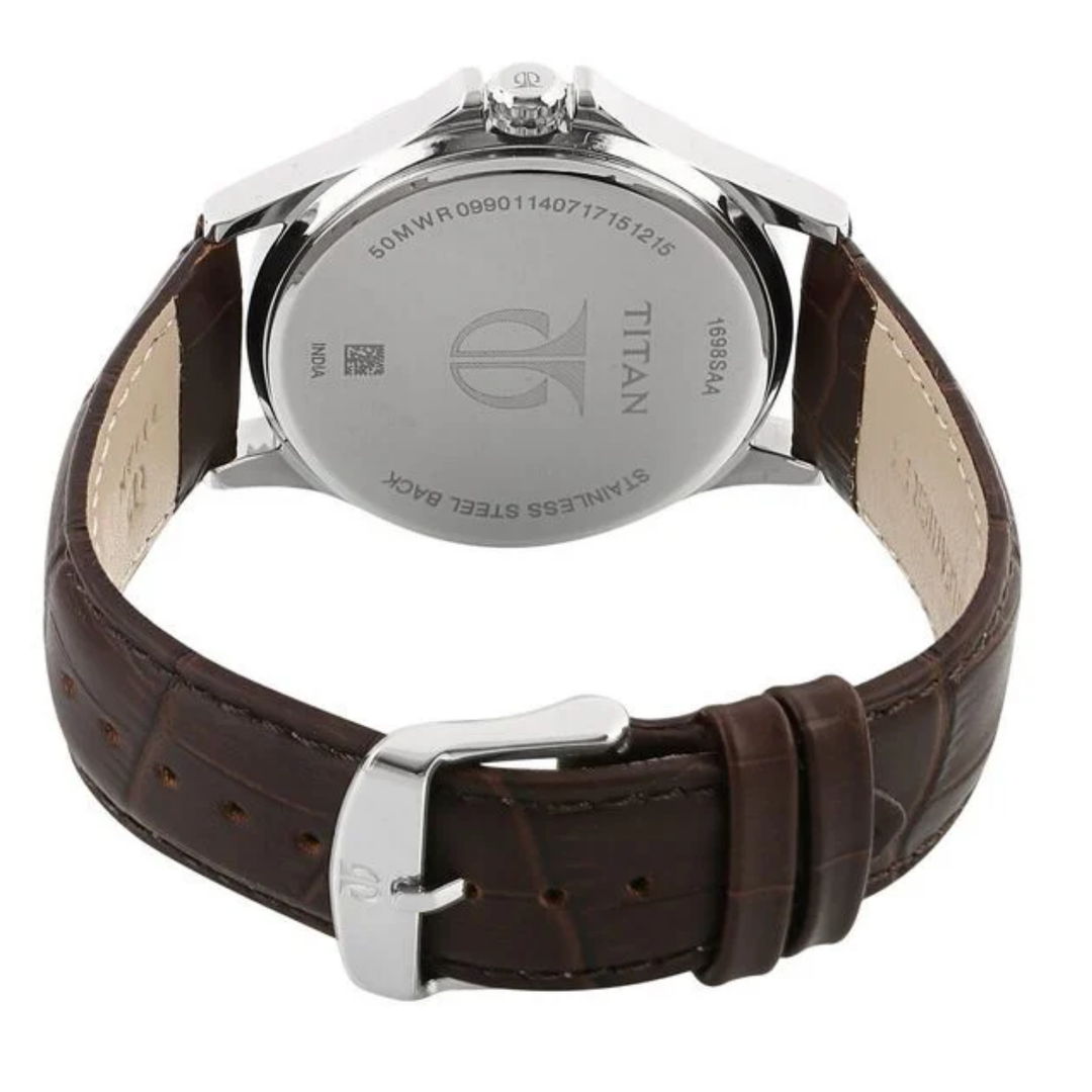 Titan Men’s Quartz Multifunction Watch with Silver Dial and Leather Strap