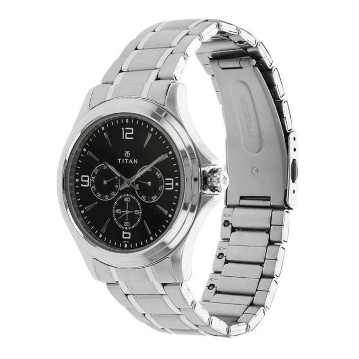 Titan Men’s Quartz Multifunction Watch with Black Dial and Stainless Steel Strap