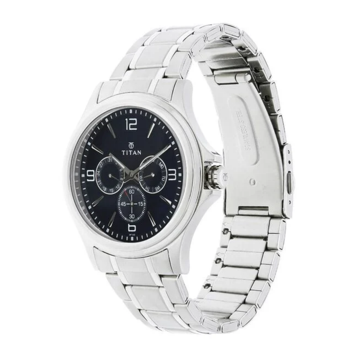 Titan Multifunction Quartz Watch for Men – Blue Dial paired with a Sleek Stainless Steel Strap