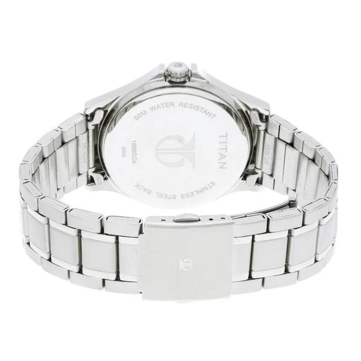 Titan Multifunction Quartz Watch for Men – Blue Dial paired with a Sleek Stainless Steel Strap