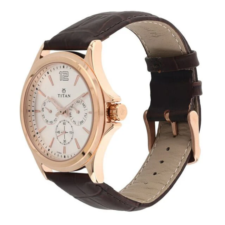 Titan Multifunction Quartz Watch for Men – Elegant White Dial with Premium Leather Band