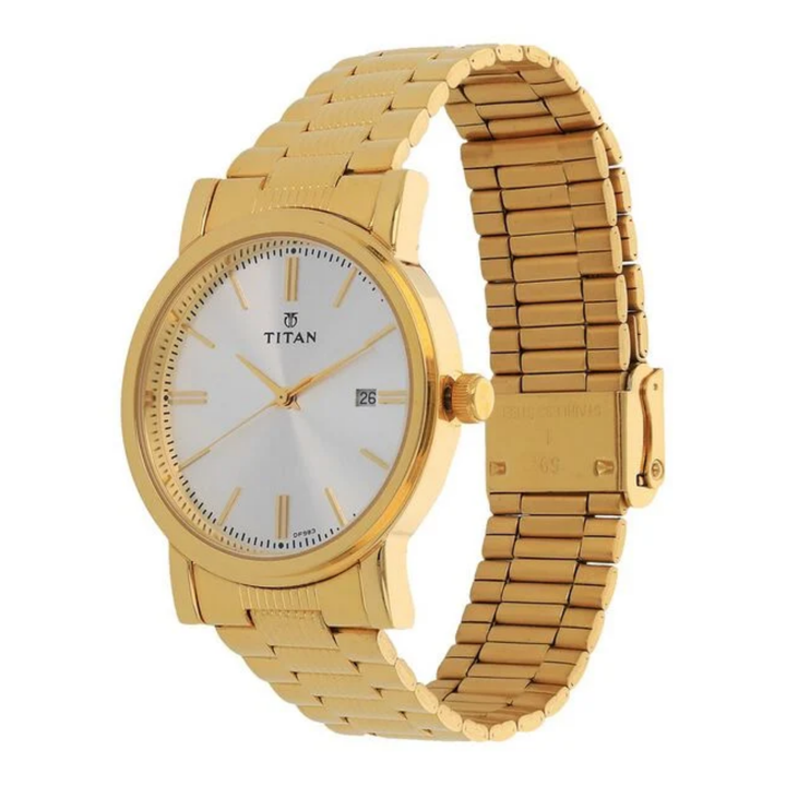 Titan Quartz Analog Men’s Watch – Silver Dial with Date Window and Gold-Tone Stainless Steel Bracelet