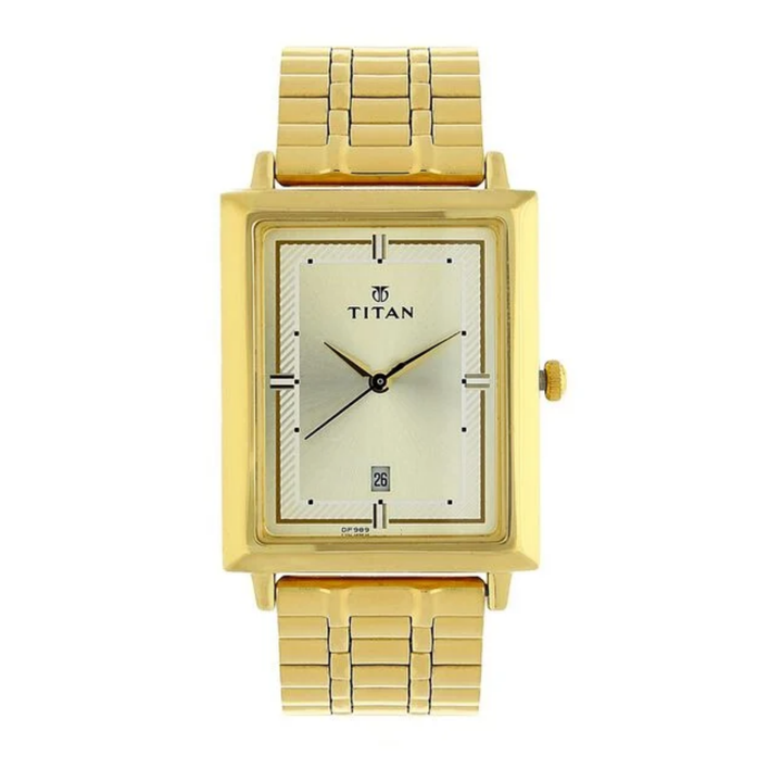 Titan Men’s Quartz Analog Rectangular Watch with Date Display, Champagne Dial and Golden Stainless Steel Strap