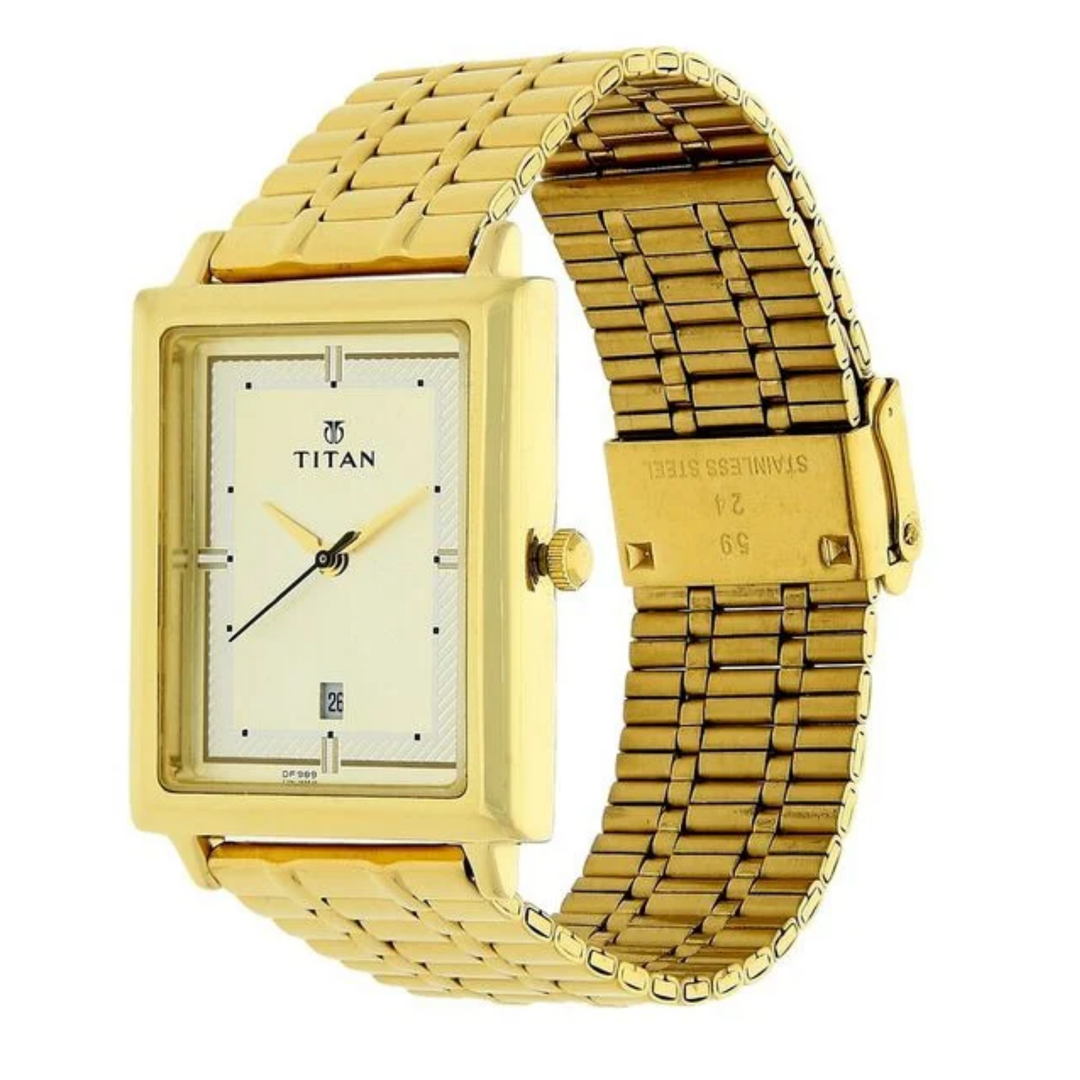 Titan Men’s Quartz Analog Rectangular Watch with Date Display, Champagne Dial and Golden Stainless Steel Strap