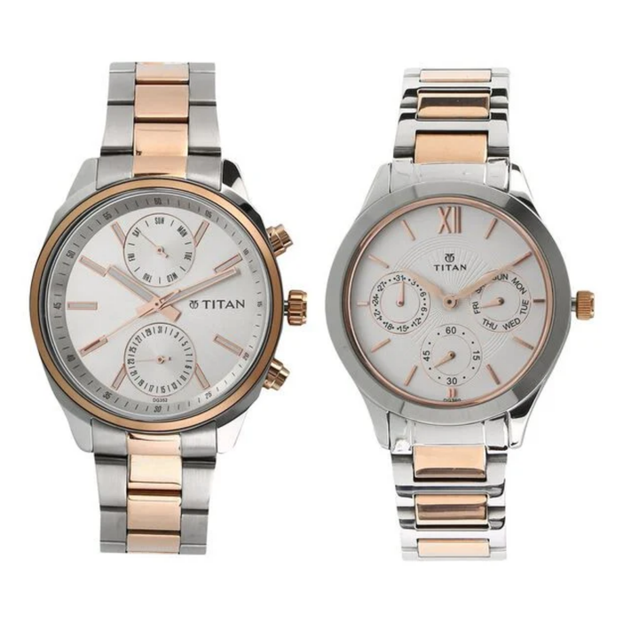 Titan Bandhan Couple’s Quartz Multifunction Watch Set with White Dial and Stainless Steel Straps