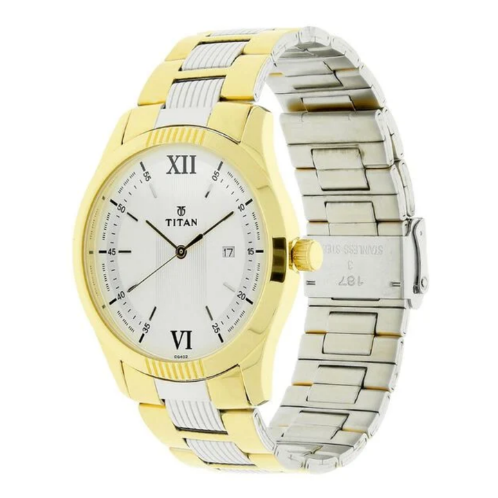 Titan Men’s Quartz Analog Watch with White Dial and Stainless Steel Strap