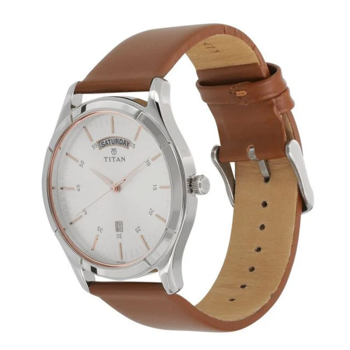 Titan Men’s Analog Watch – White Day-Date Dial – Premium Leather Strap – On Trend Series