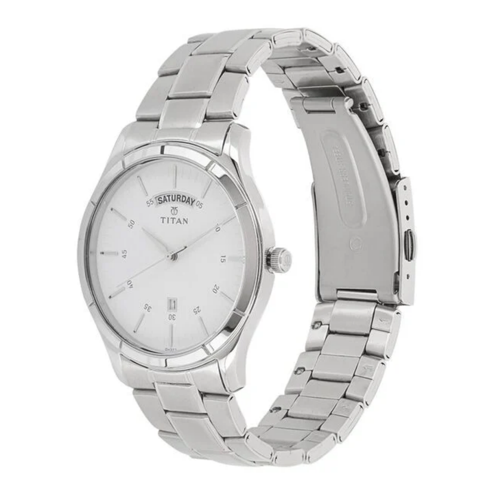 Titan Men’s Analog Watch – White &amp; Black Accent Dial – Day-Date – All-Steel Design