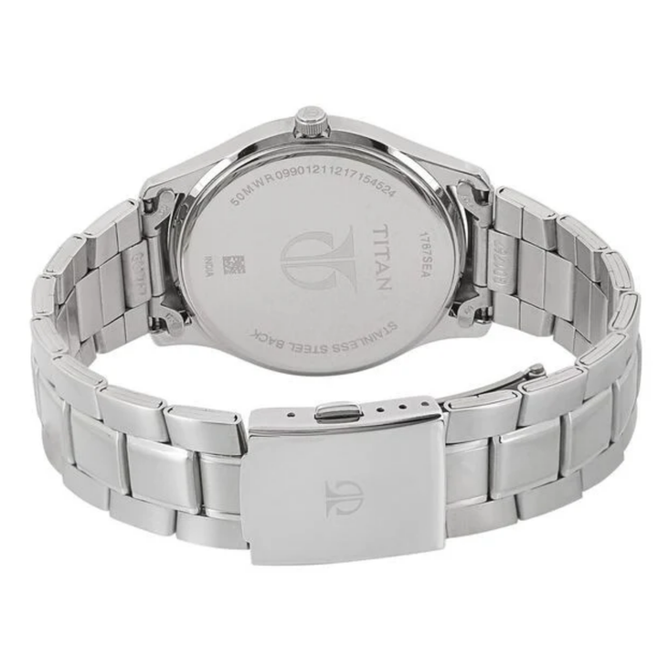 Titan Men’s Analog Watch – White &amp; Black Accent Dial – Day-Date – All-Steel Design