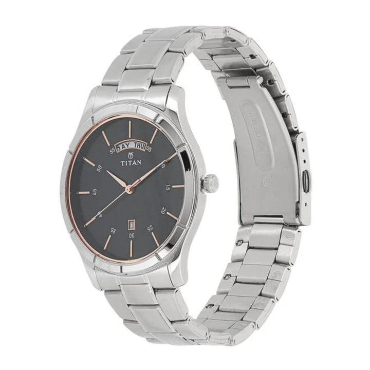 Titan Men’s Analog Watch – Black &amp; Rose Gold Accents – Day-Date – All-Steel Design
