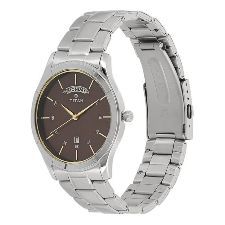 Titan Men’s Analog Watch – Brown Sunray Dial – Day &amp; Date – All-Steel Design