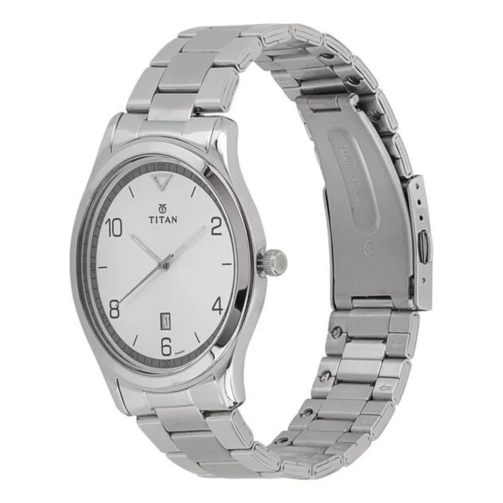 Titan Men’s Analog Watch – White Dial – Date Function – All-Steel Design