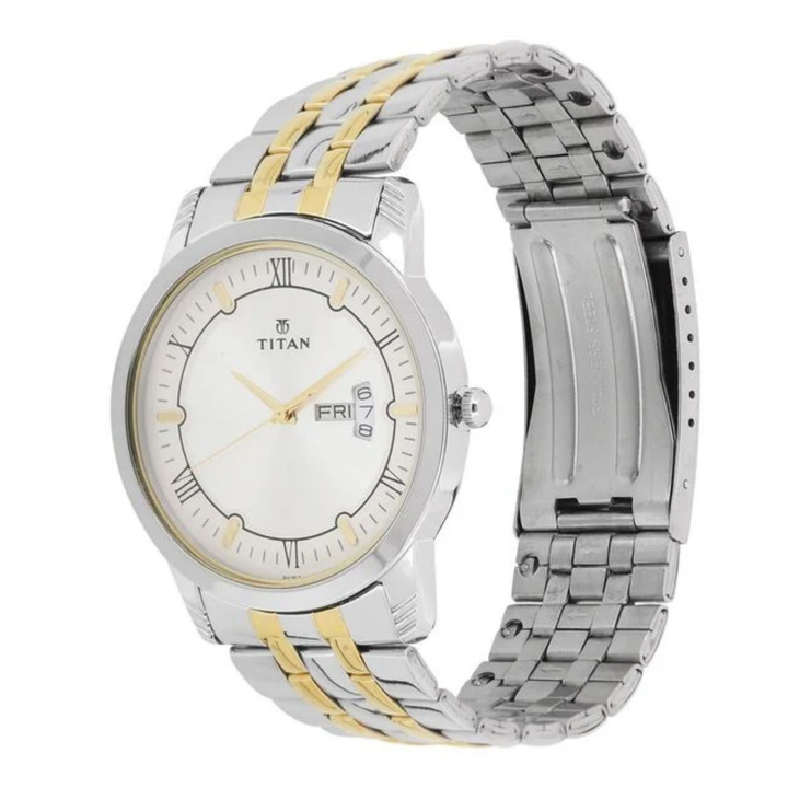 Titan Classic Men’s Watch – Silver Dial &amp; Stainless Steel Bracelet – Day-Date Function