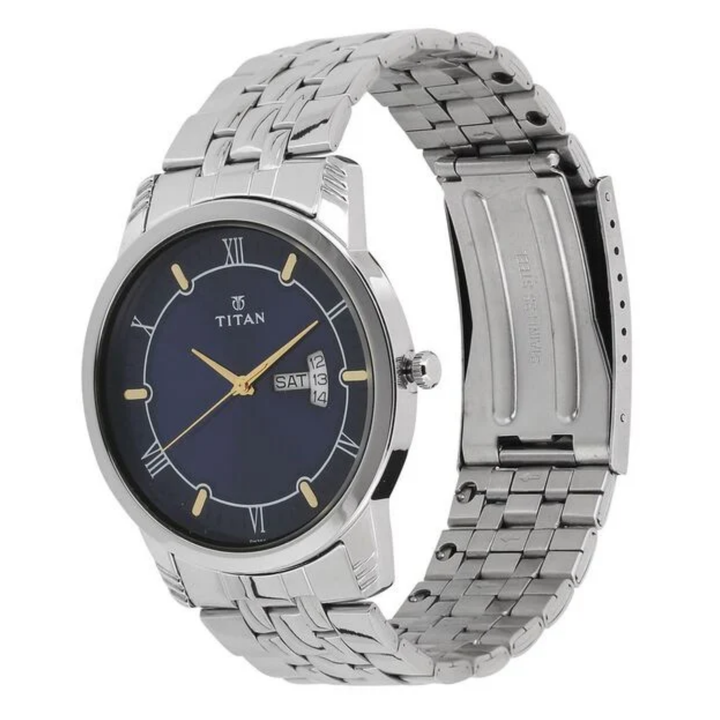 Titan Men’s Analog Watch – Navy Blue Dial with Day &amp; Date – Stainless Steel Bracelet