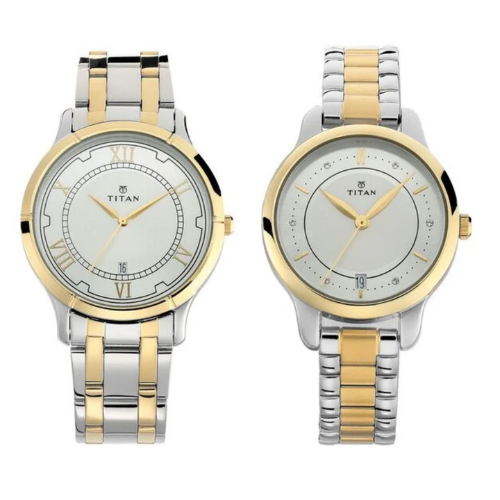 Titan Bandhan: Two-Tone Date Watch with Silver Sunray Dial (Couple’s Edition)