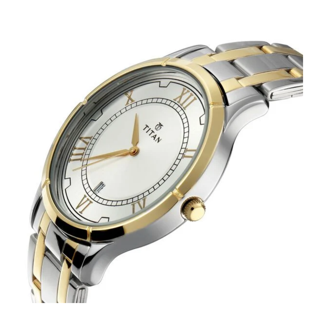 Titan Bandhan: Two-Tone Date Watch with Silver Sunray Dial (Couple’s Edition)