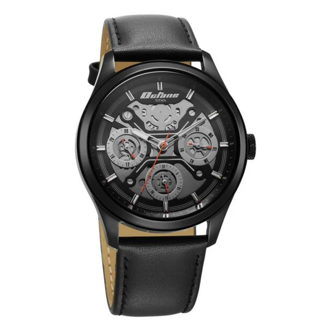 Titan Octane: Midnight Stealth Analog with Triple-Dial Calendar &amp; Stitched