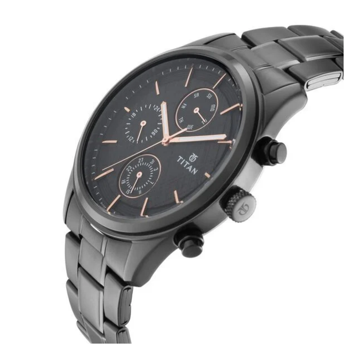 Titan Workwear: Stealth Black Triple-Dial Analog with Ion-Plated Metal Bracelet
