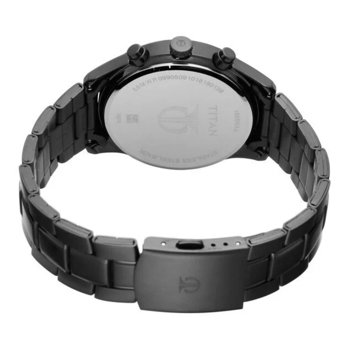 Titan Workwear: Stealth Black Triple-Dial Analog with Ion-Plated Metal Bracelet