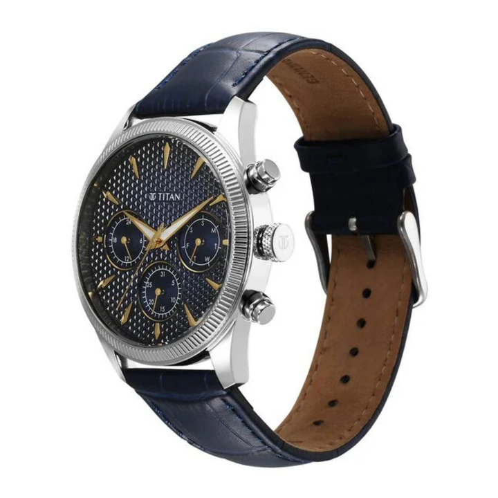 Titan Regalia: Azure Blue Analog with Day-Date Calendar &amp; Stitched Leather