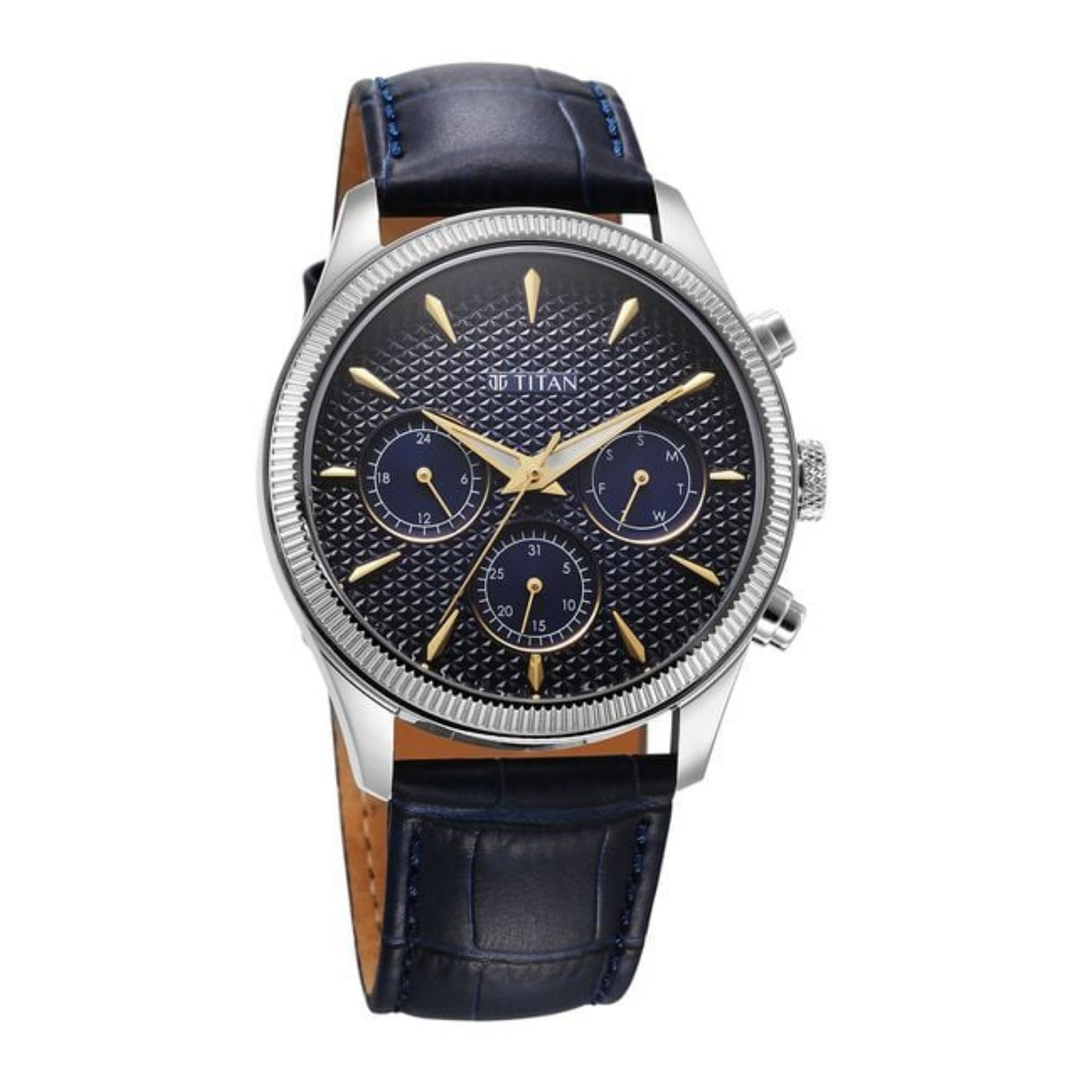 Titan Regalia: Azure Blue Analog with Day-Date Calendar &amp; Stitched Leather