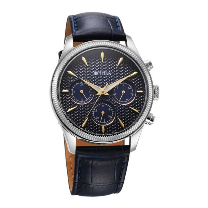 Titan Regalia: Azure Blue Analog with Day-Date Calendar &amp; Stitched Leather