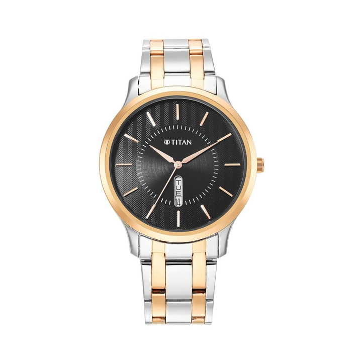 Titan Karishma Series: Black Sunray Day-Date in Dual-Tone Stainless Steel