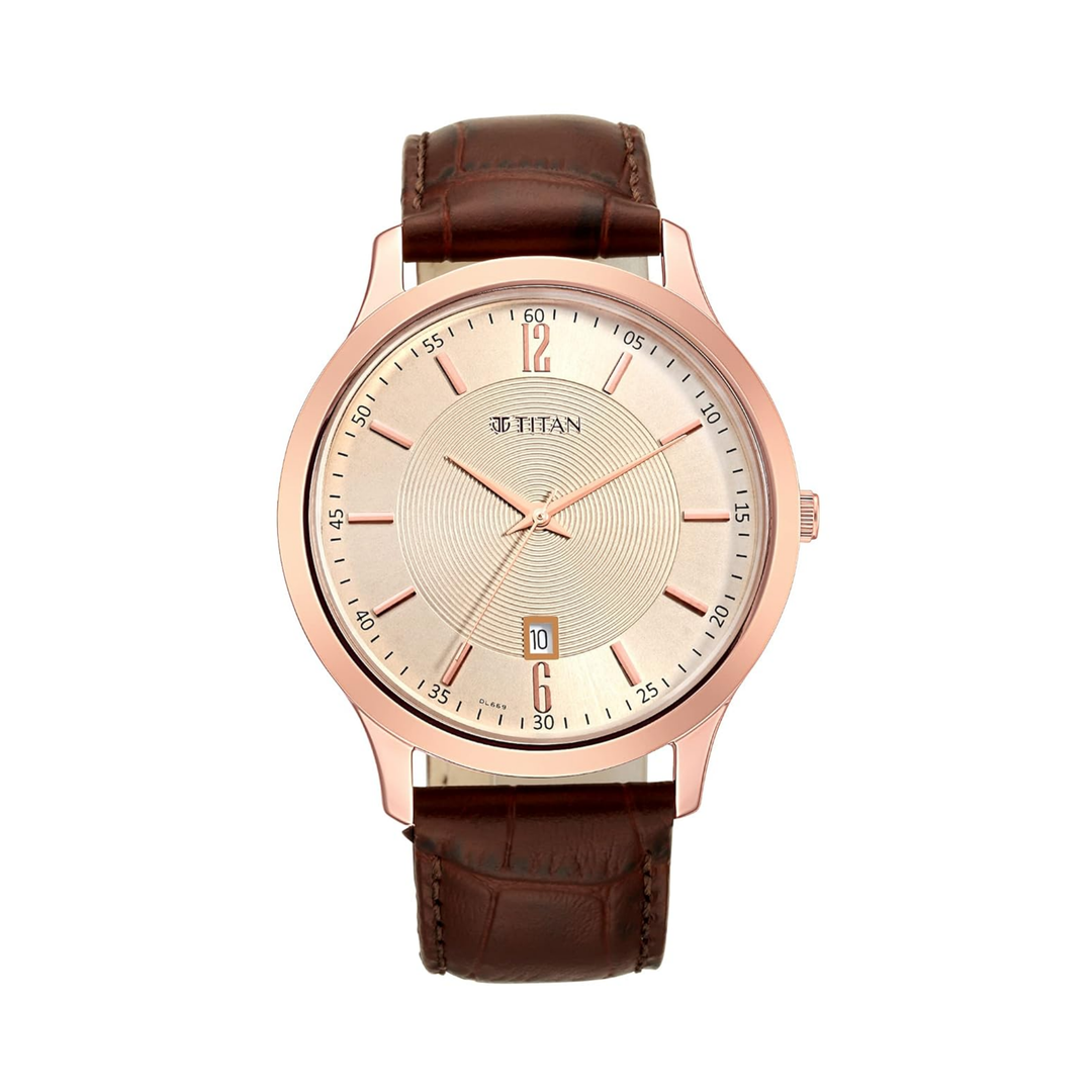 Titan Rose Gold &amp; Mahogany: Men’s Slim Analog Date Watch