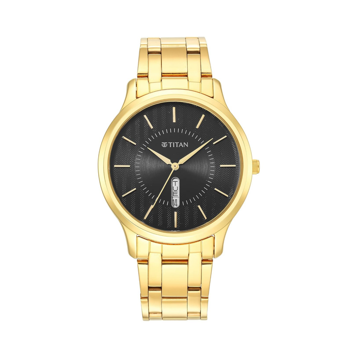 Titan Karishma Series | Black Sunray Dial | Day-Date | Gold-Plated Steel