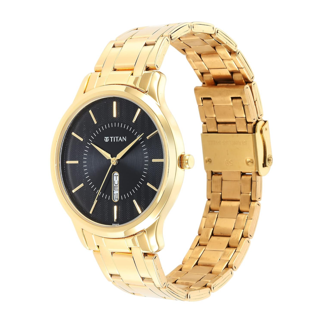 Titan Karishma Series | Black Sunray Dial | Day-Date | Gold-Plated Steel
