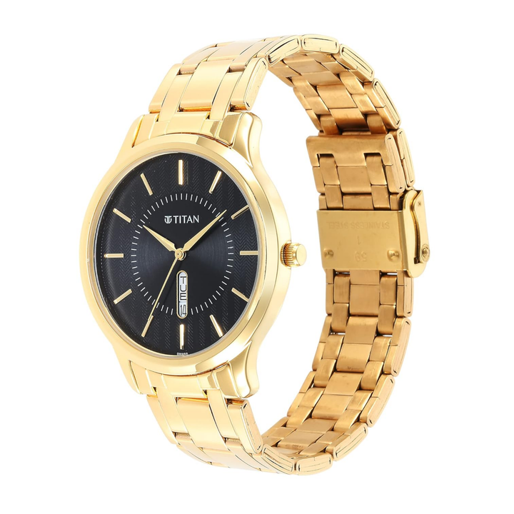 Titan Karishma Series | Black Sunray Dial | Day-Date | Gold-Plated Steel