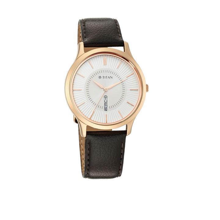 Titan Lagan White &amp; Tan: Men’s Quartz Day-Date with Stitched Leather