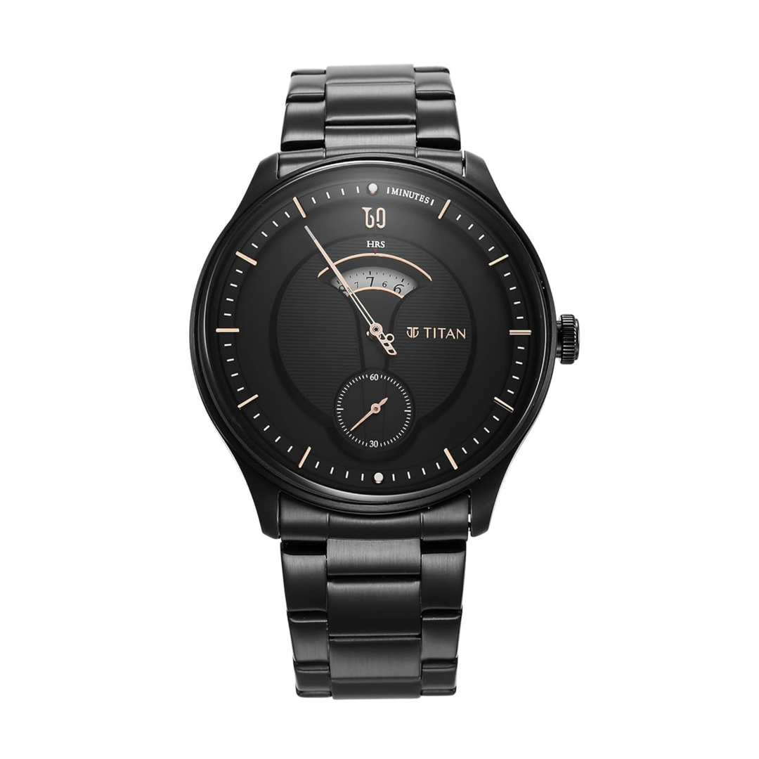 Black Titan watch with a detailed face on a white background