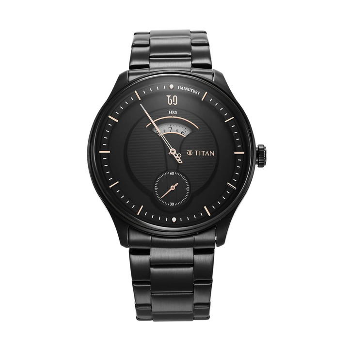 Black Titan watch with a detailed face on a white background