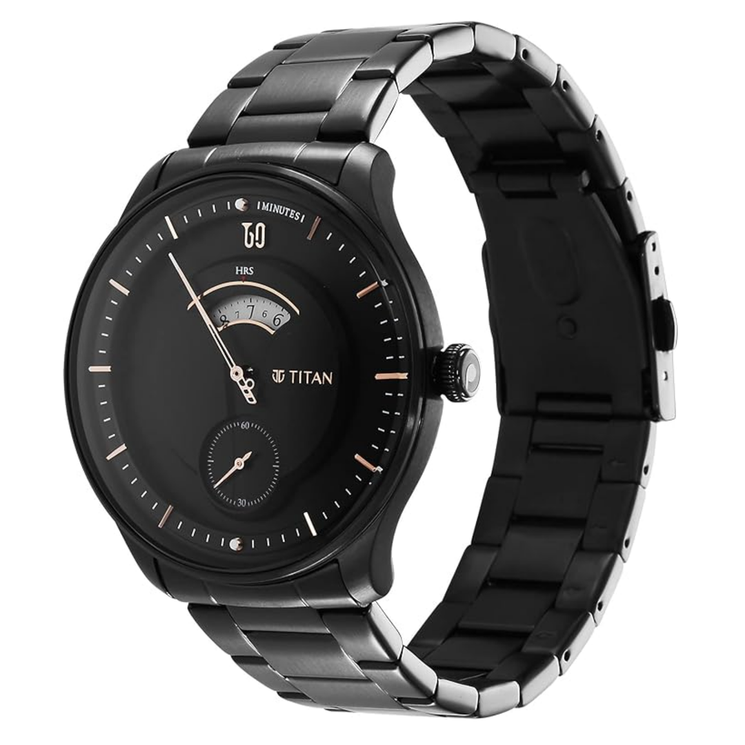 Titan Men’s Analog Watch – Quartet Edition Black Dial &amp; Stainless Steel Mesh