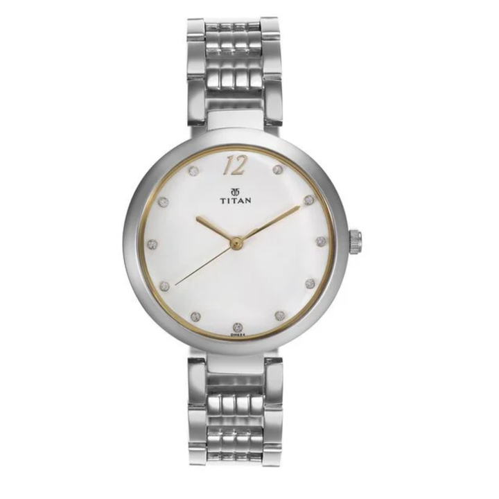 Titan Sparkle | Radiant White Sunray Watch with Polished Steel Bracelet &amp; Gem Accents