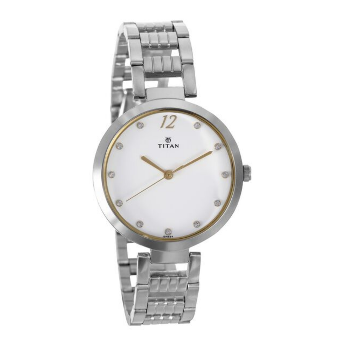Titan Sparkle | Radiant White Sunray Watch with Polished Steel Bracelet &amp; Gem Accents