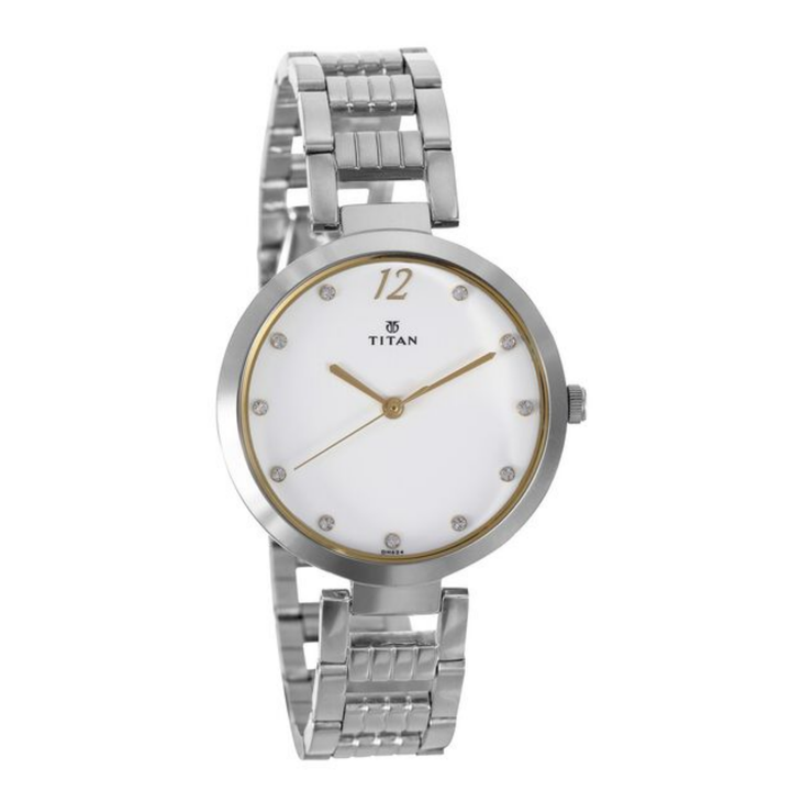 Titan Sparkle | Radiant White Sunray Watch with Polished Steel Bracelet &amp; Gem Accents
