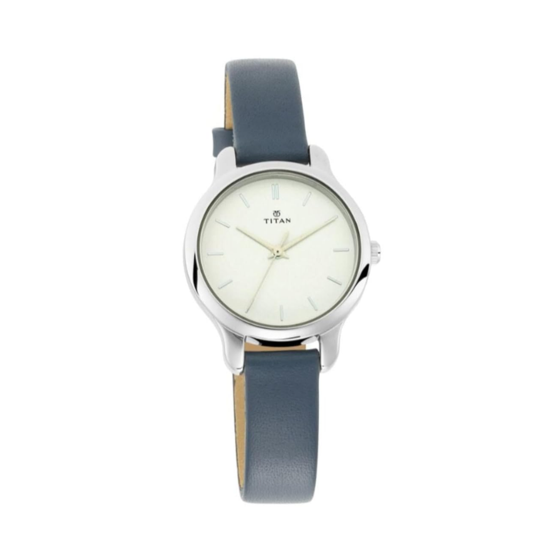 Titan watch with a blue strap on a white background