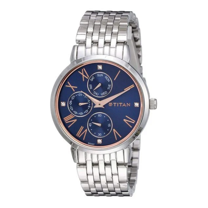 Titan Workwear: Midnight Blue Sunray Watch with Polished Steel Bracelet