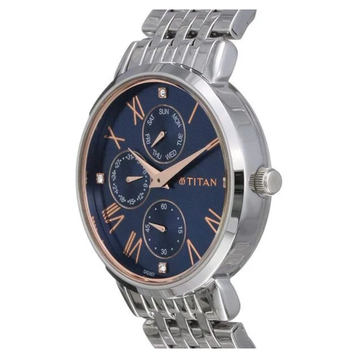 Titan Workwear: Midnight Blue Sunray Watch with Polished Steel Bracelet