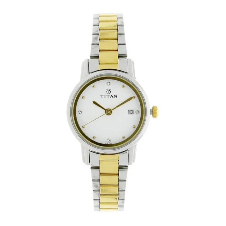 Titan Karishma: Essential White Dial Watch with Integrated Date &amp; Polished Steel Bracelet